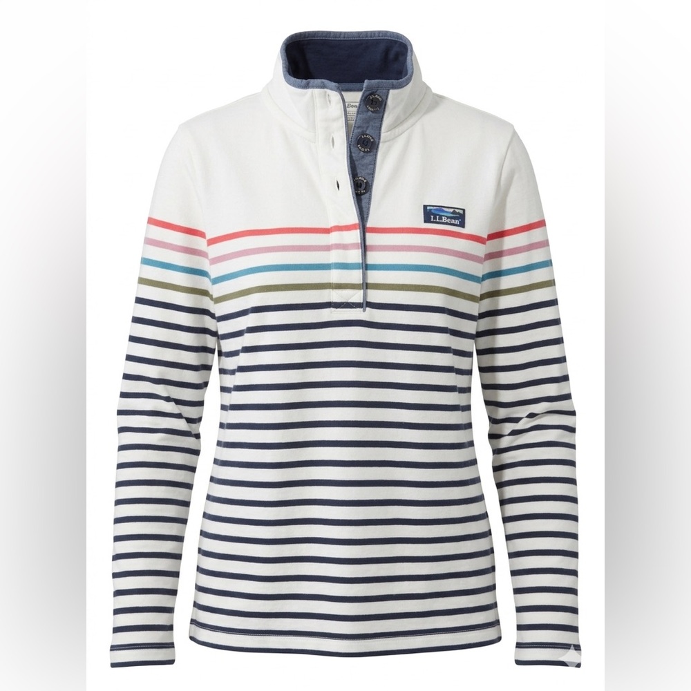 L.L.Bean Striped Pullover Coastal Preppy Nautical Quarter Button Top-Large